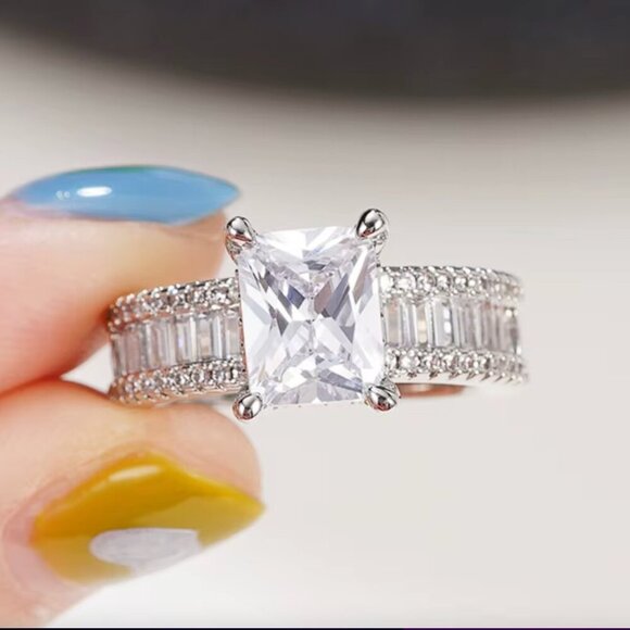 14k White Gold Diamond Ring Baguette & Emerald Cut Ring Band - Picture 9 of 10